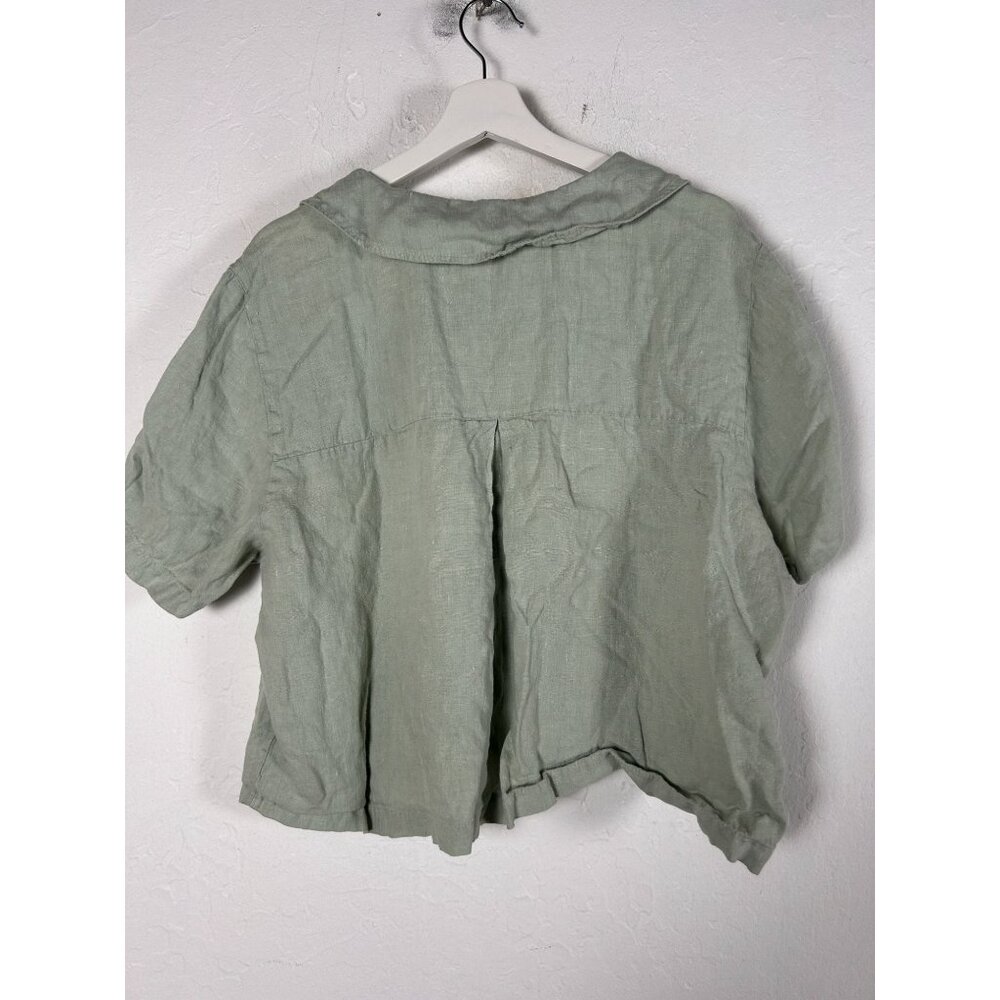 Christy Allen Womens Sage Green Linen Button-Down Blouse Large Short Sleeve Top View 3